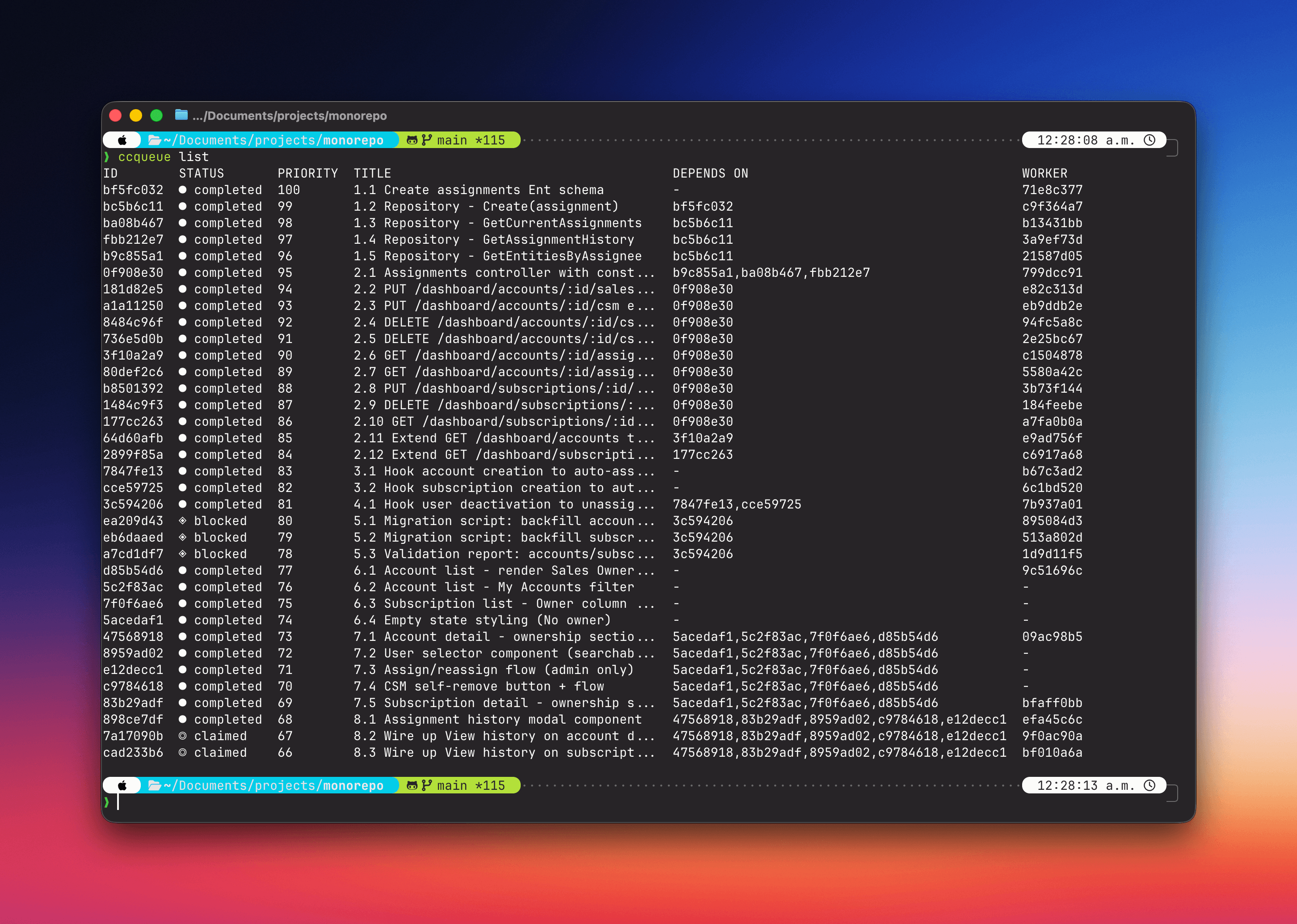 ccqueue running in the terminal